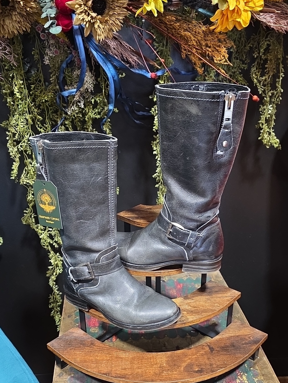 Bed Stu Dark Gray Leather Mid-Calf Buckle Boots